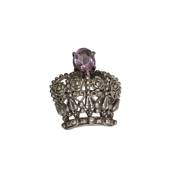 Crown Brooch Pin Amethyst Stone - Picture 1 of 10